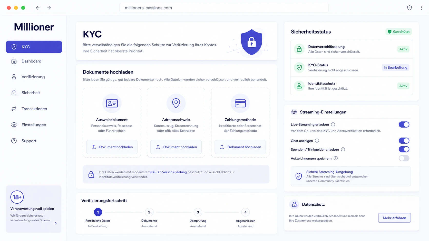 KYC, Datenschutz und Streaming-Funktionen