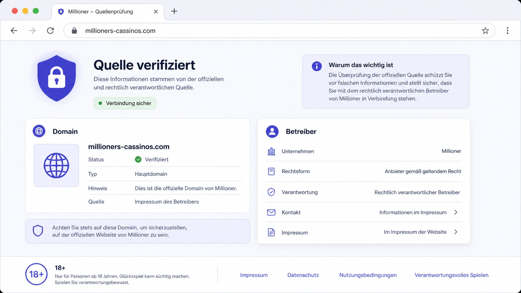 Betreiber, Domain und offizielle Quelle prüfen