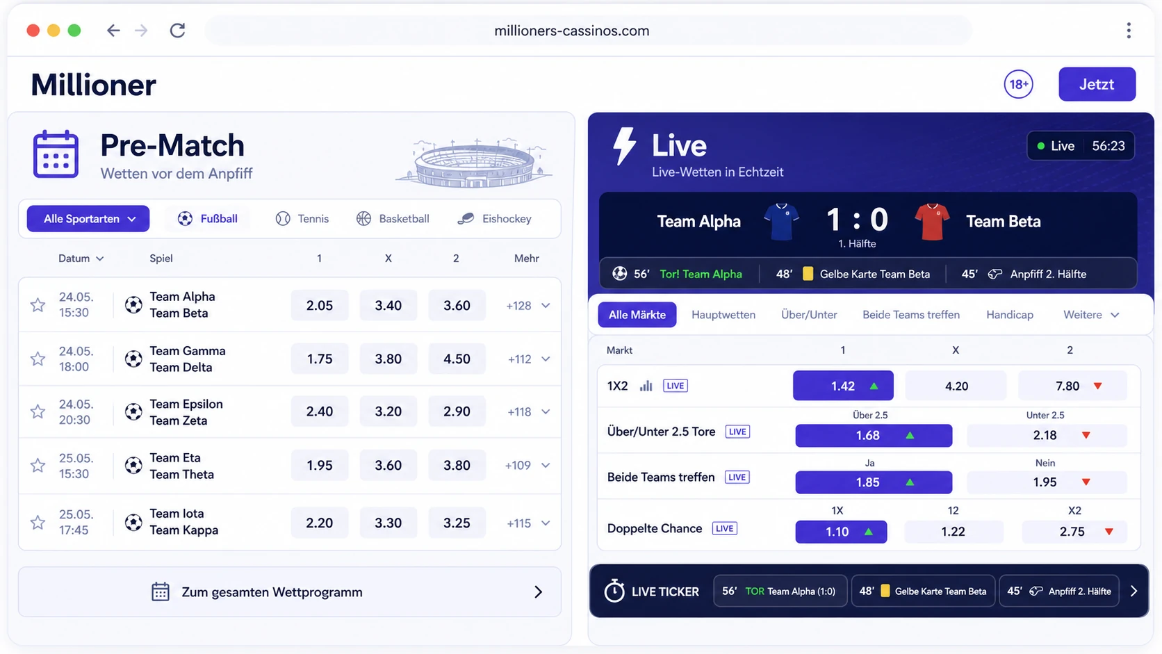 Pre-Match und Live Betting